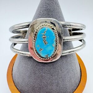 Sterling Silver Turquoise Native Oval Cuff Bracelet 7in Southwestern 46.26g